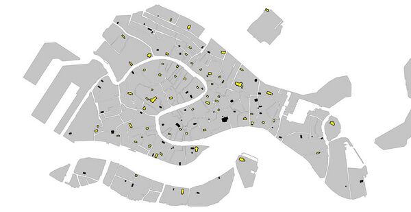 A map highlighting the Churches of Venice with assessed Church Floor Artifacts